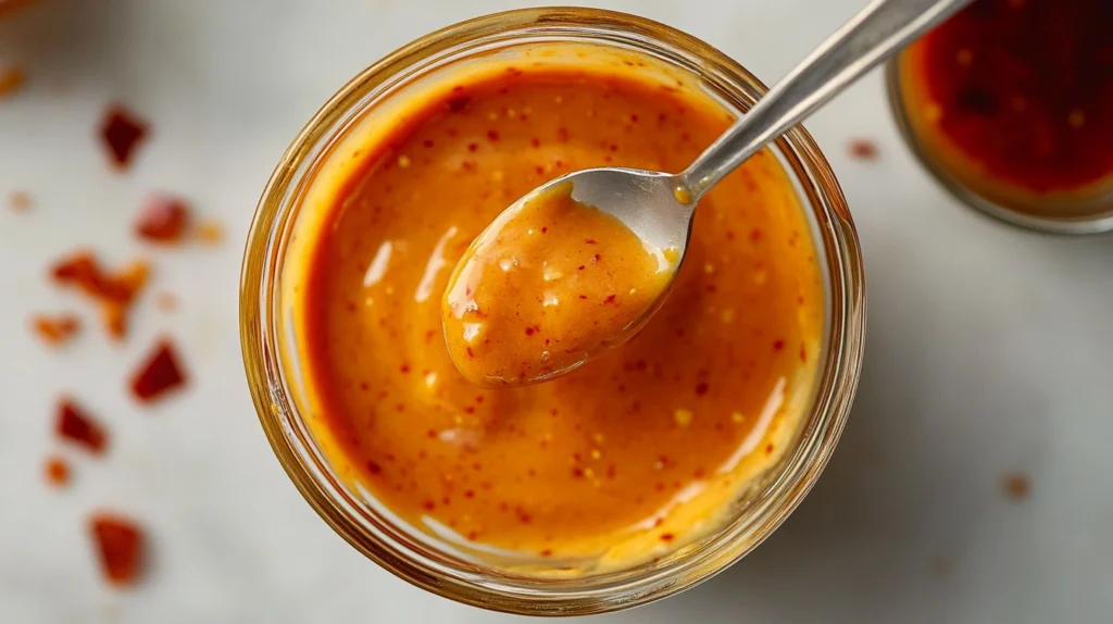 A bowl of creamy Bang Bang sauce with a spoon lifting a drizzle