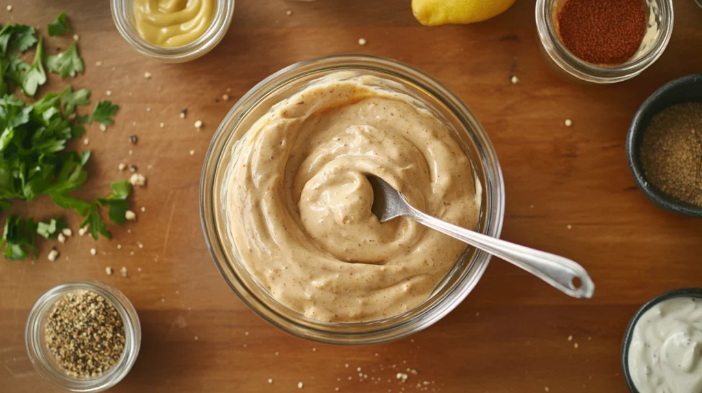 Smooth and creamy homemade burger sauce made with mayo, mustard, and lemon juice.