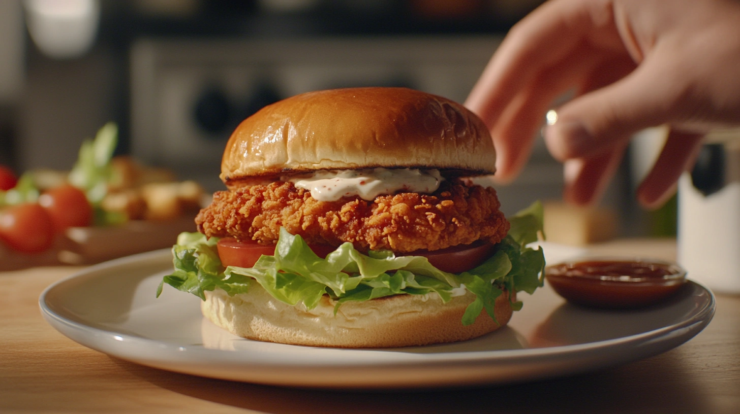 Homemade crispy burger with golden-brown fried chicken, fresh lettuce, and sauce on a kitchen countertop.