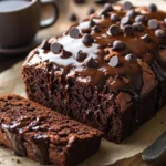 Gooey hot fudge brownie bread sliced open, showing a rich, fudgy chocolate center