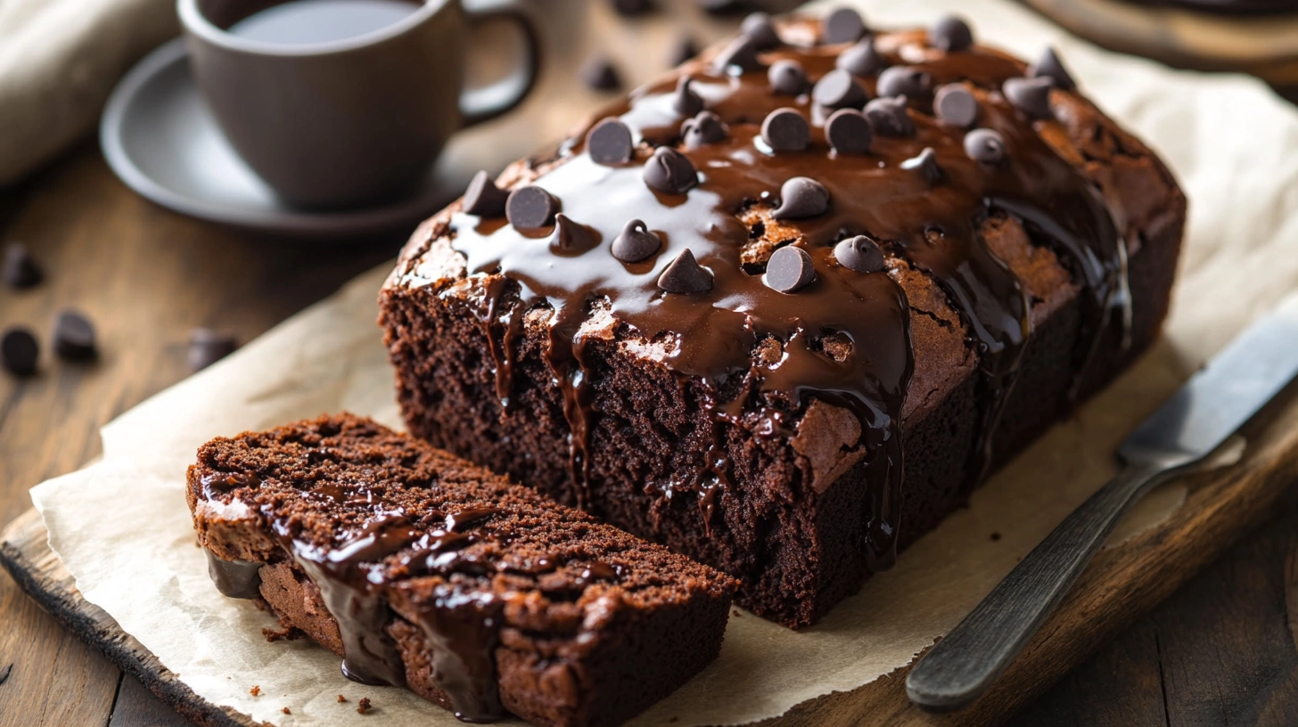 Gooey hot fudge brownie bread sliced open, showing a rich, fudgy chocolate center