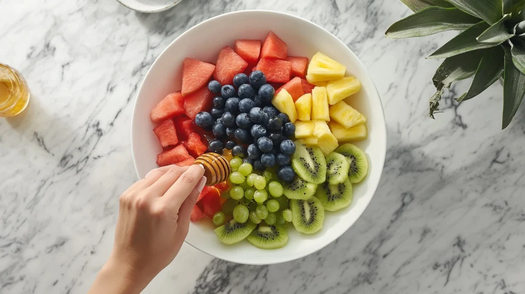 A person assembling a fruit bowl with watermelon, kiwi, grapes, and blueberries, with a drizzle of honey for extra flavor.