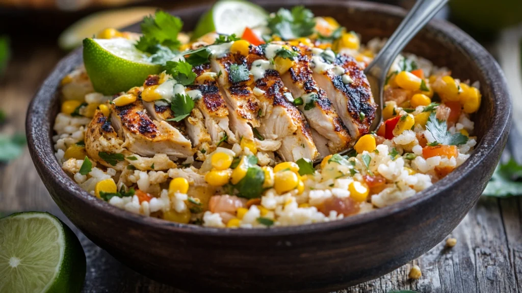 A fully assembled Street Corn Chicken Rice Bowl with grilled chicken, corn, and fresh toppings