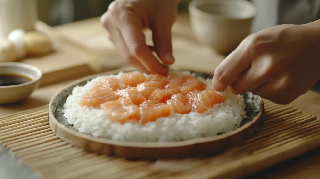 Step-by-step guide to making a sushi cake with layers of rice, salmon, and avocado.