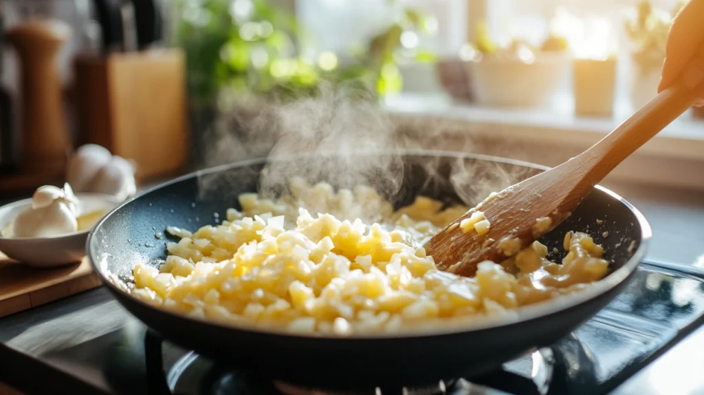 A golden roux being stirred in a pan, made with butter, flour, and onions, the base for creamy mac and cheese sauce.