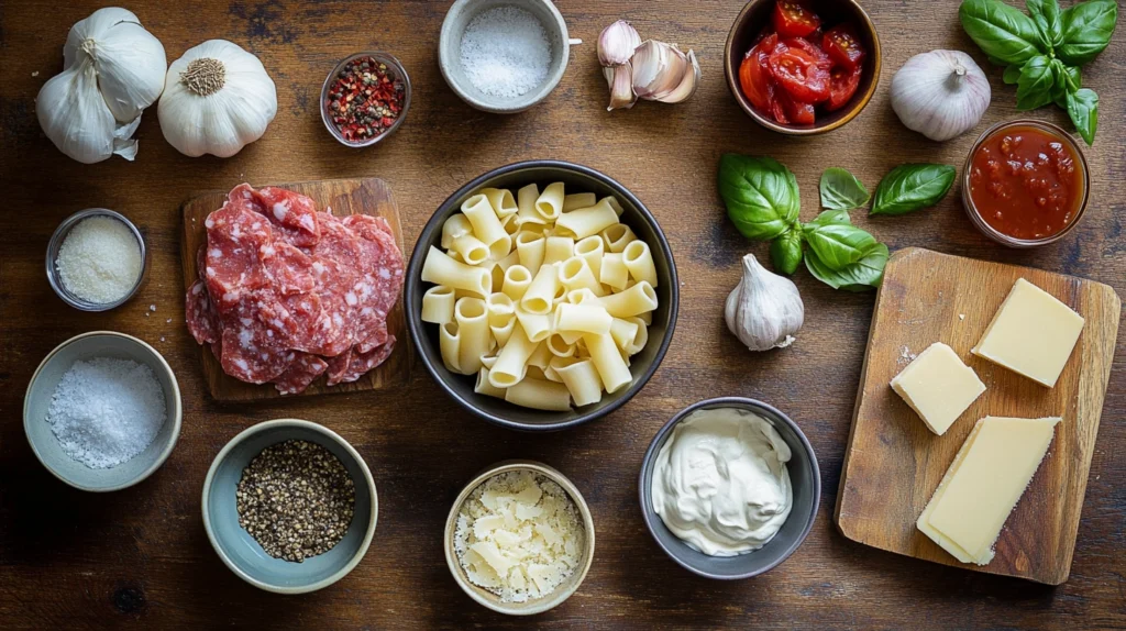 Fresh ingredients for Rigatoni alla Grassa arranged on a wooden countertop