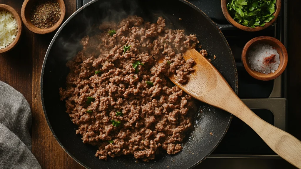 Skillet filled with sizzling seasoned ground beef for garlic parmesan cheeseburger bombs