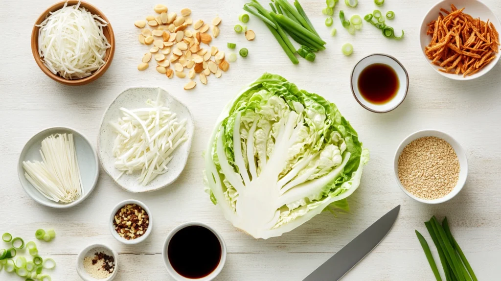 Fresh wombok cabbage, crispy noodles, almonds, and dressing ingredients arranged on a wooden kitchen counter.