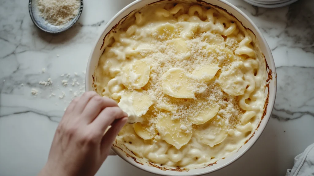 A baking dish being layered with creamy mac and cheese, topped with cheddar slices, before the final bake.