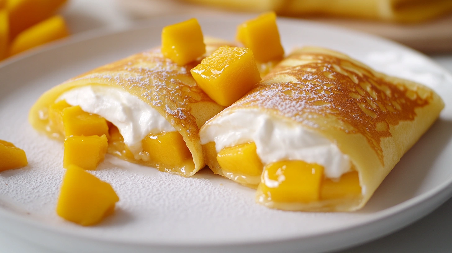 Mango pancakes filled with whipped cream and fresh mango, dusted with powdered sugar