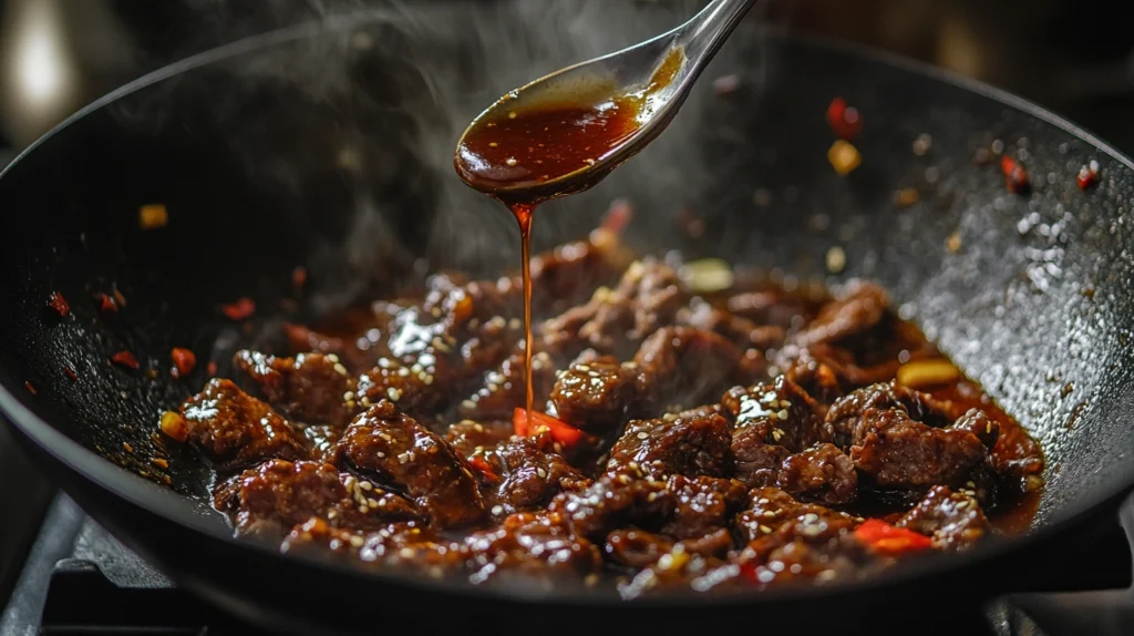 Mongolian sauce being poured into a pan of browned beef for a rich, flavorful coating