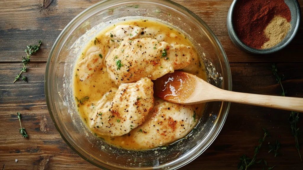  Chicken fillets marinating in a buttermilk and spice mixture for extra tenderness.