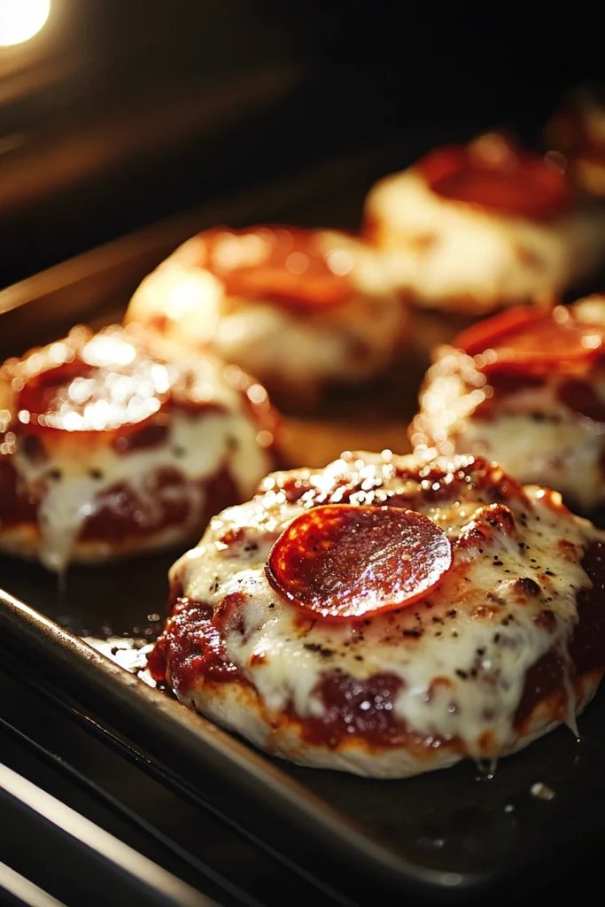 Pizza burgers in the oven with melted mozzarella, crispy pepperoni, and bubbling pizza sauce