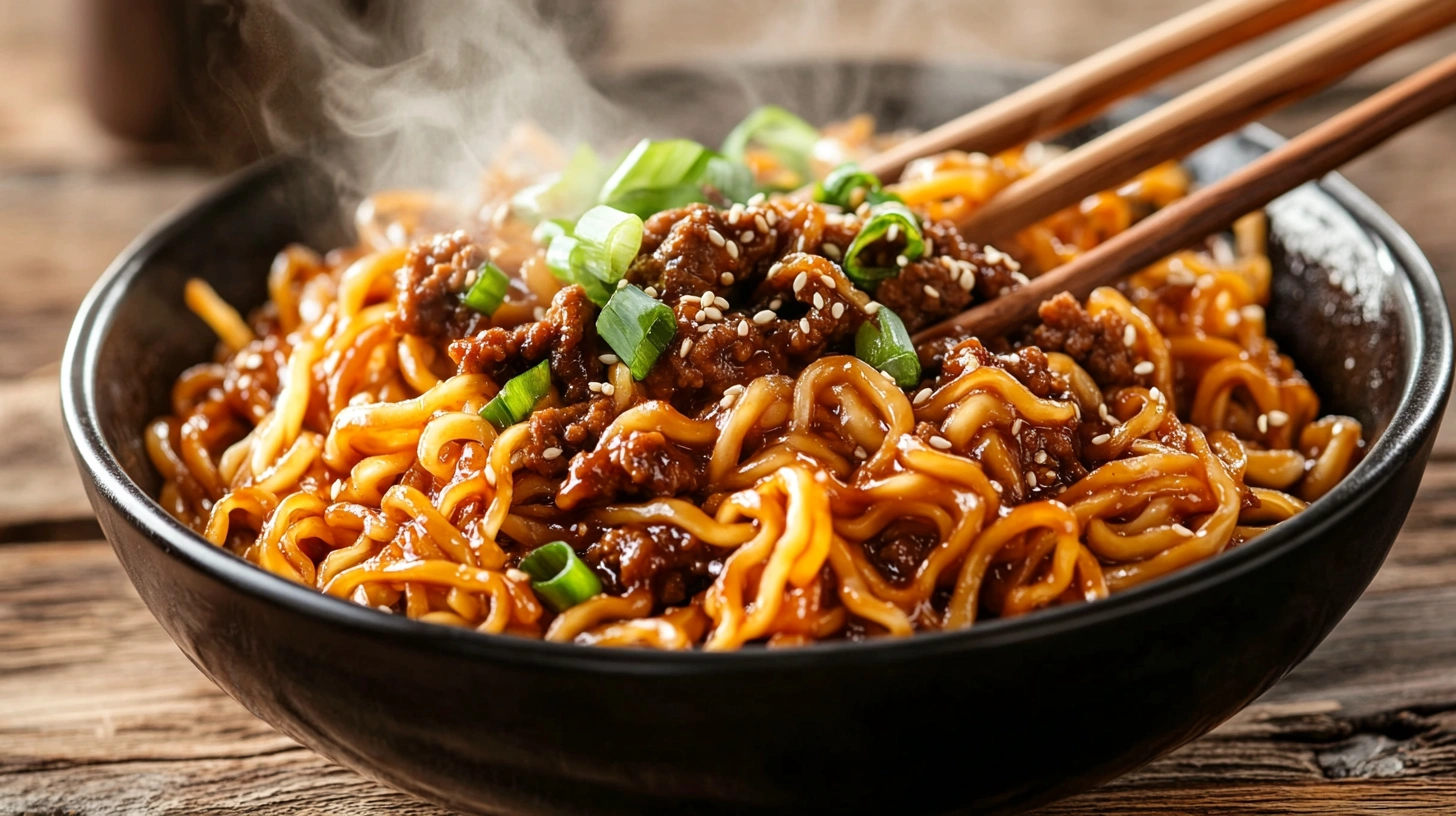 A bowl of Mongolian ground beef noodles topped with sesame seeds and green onions