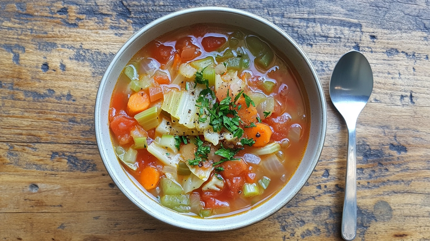 A bowl of cabbage fat-burning soup with fresh vegetables and herbs