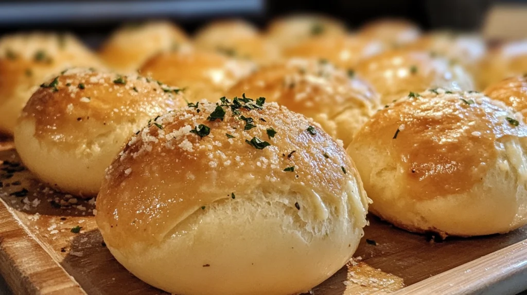 Freshly baked garlic parmesan cheeseburger bombs, golden brown and brushed with butter