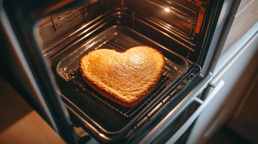 Freshly baked heart-shaped cake cooling in the oven with a golden crust