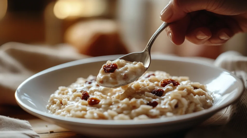 A spoonful of creamy Arroz con Leche being lifted from a bowl, showcasing its rich texture and cinnamon flavor.