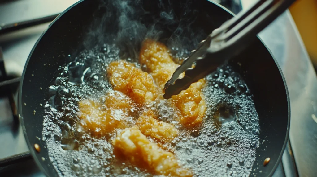 Crispy chicken frying in hot oil, bubbling for a golden texture.