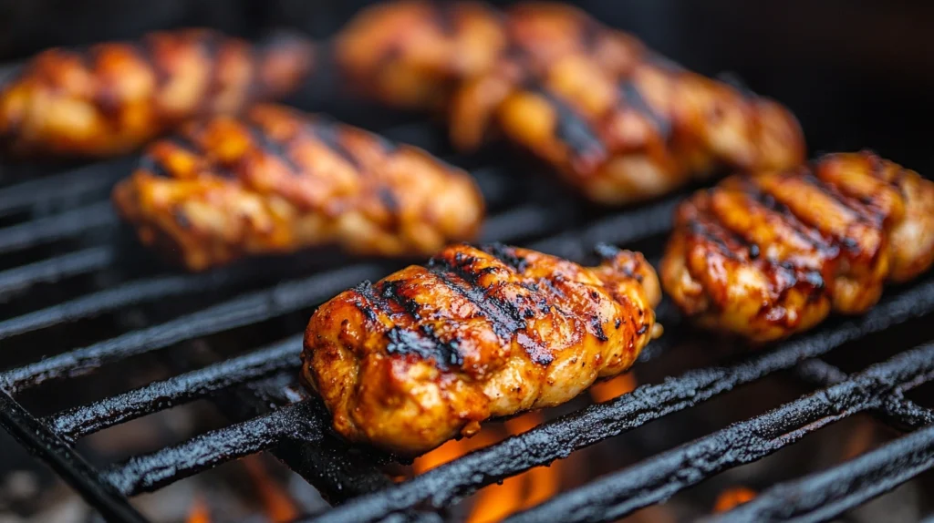 Juicy grilled chicken with golden sear marks, being brushed with marinade