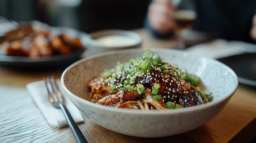 A beautifully plated wombok salad with crispy noodles, sesame seeds, and a side of grilled chicken.