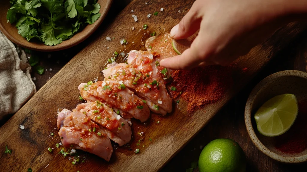 Chicken breasts being seasoned with chili powder, garlic, and lime for grilling