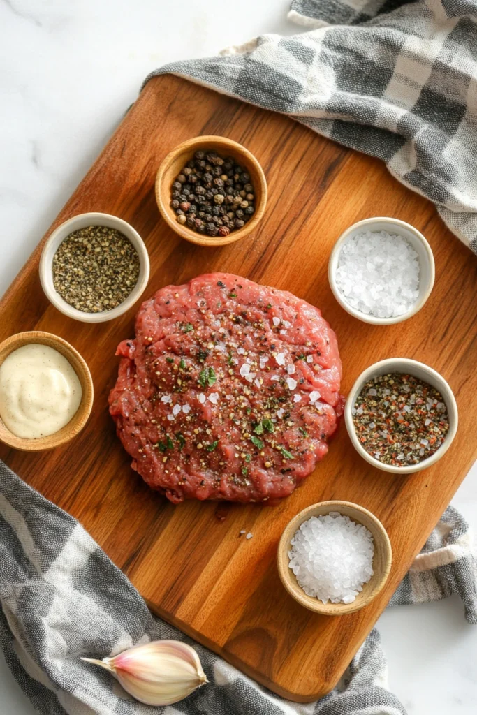 Seasoned ground beef ready to be shaped into burger patties for pizza burgers