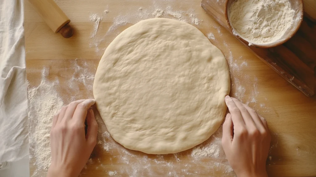 Hands rolling out fresh dough for homemade Italian Stromboli