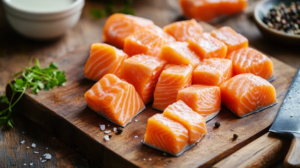 Fresh salmon fillets being cut into bite-sized cubes for Bang Bang Salmon Bites