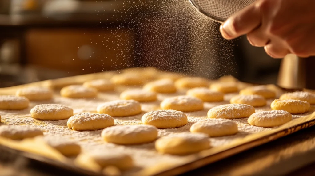 Ricciarelli honey cookie dough on a baking tray, dusted with powdered sugar before baking.
