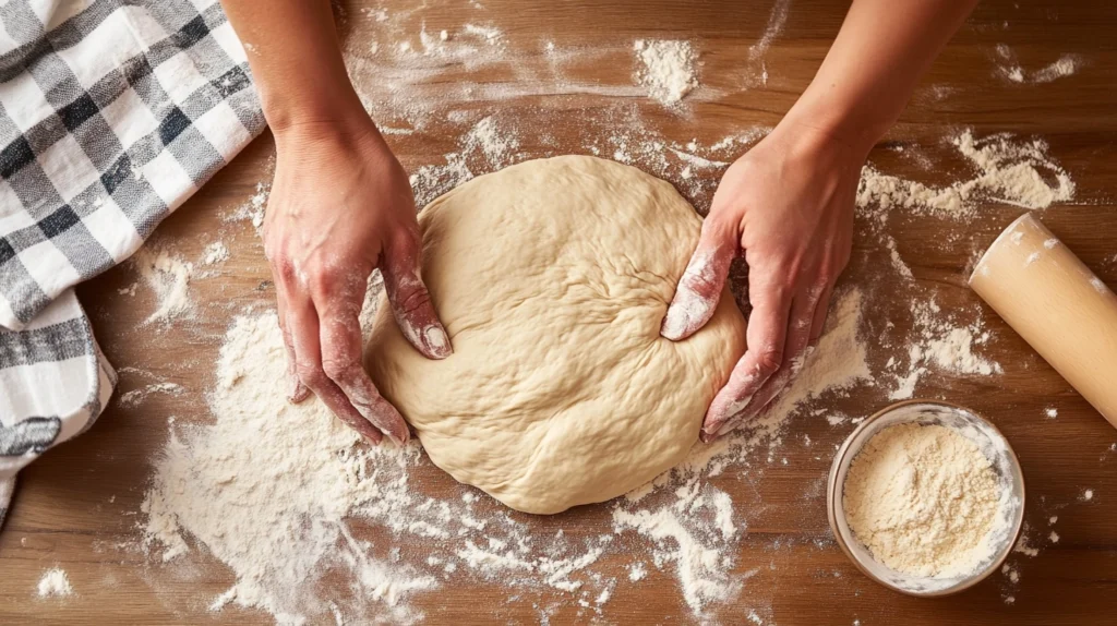 Hands kneading fresh dough on a floured countertop for homemade Stromboli