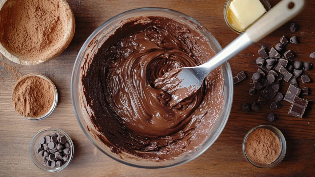 A bowl of rich, chocolatey brownie batter being mixed for hot fudge brownie bread