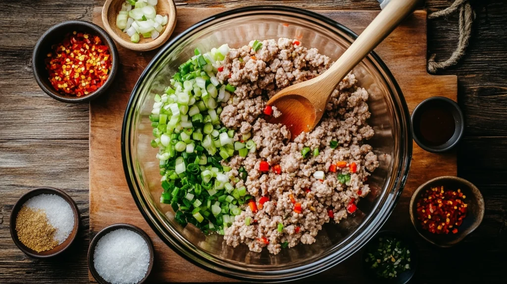 A bowl of ground beef, breadcrumbs, and seasonings ready to be mixed for sweet chili meatballs