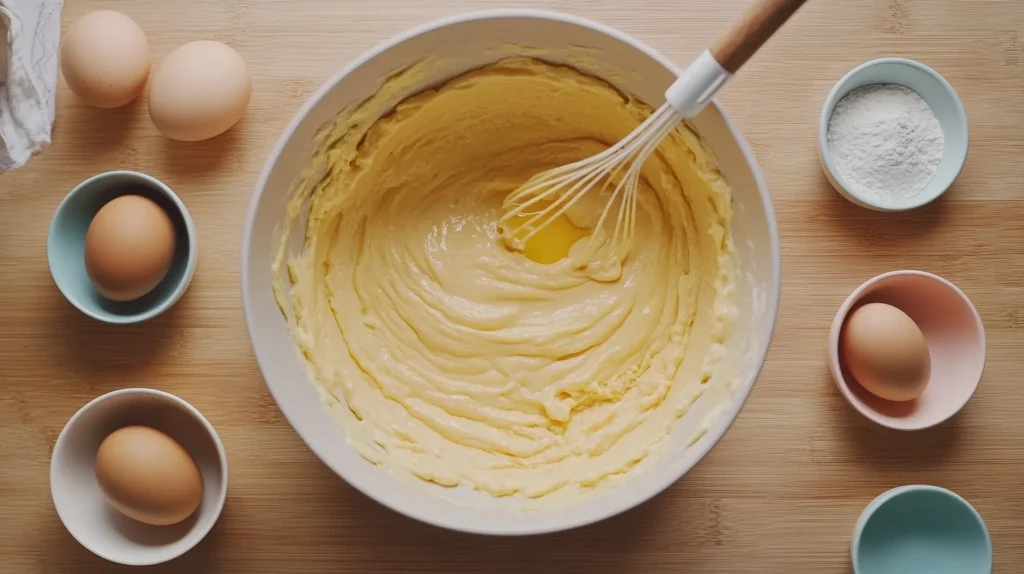 Smooth mango pancake batter being whisked with ingredients surrounding the bowl