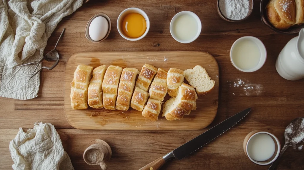 Hawaiian sweet rolls being prepped for French toast with eggs, milk, and vanilla on a wooden cutting board