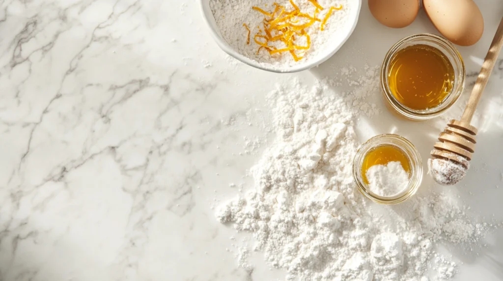 Ingredients for Ricciarelli honey cookies, including almond flour, honey, egg whites, powdered sugar, and orange zest.