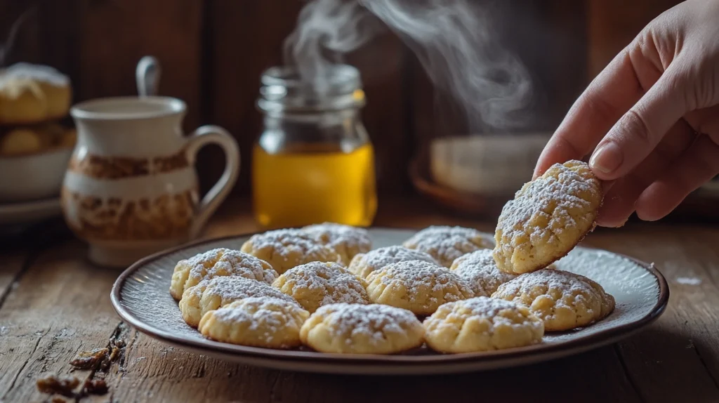  A plate of golden brown Ricciarelli honey cookies dusted with powdered sugar, served with cappuccino and a honey jar.