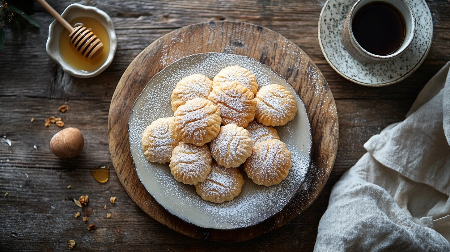 Freshly baked Ricciarelli honey recipe dusted with powdered sugar, served with a cup of espresso and honey on a wooden board.