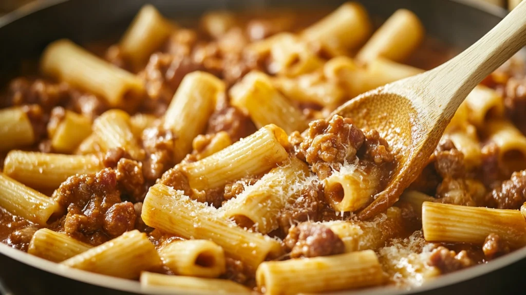 Rich, meaty sauce for Rigatoni alla Grassa simmering in a pan