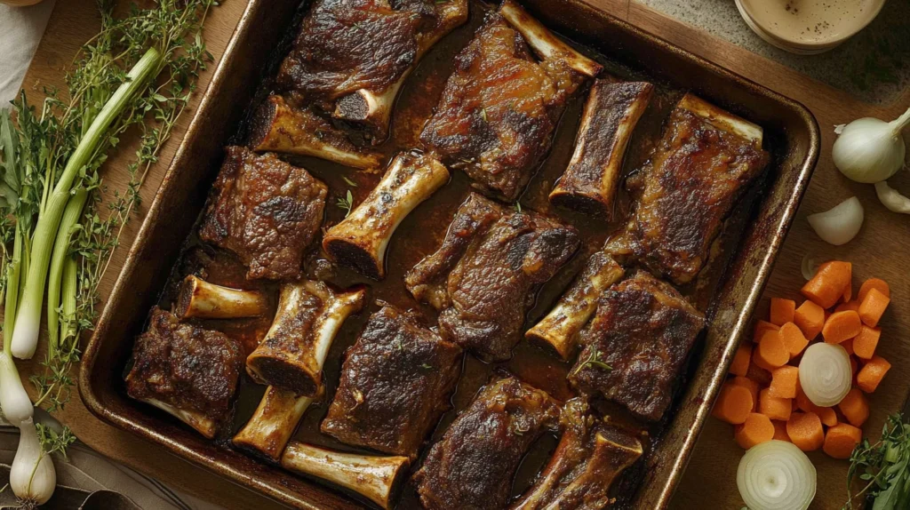 Roasted beef and veal bones on a tray, caramelized to a rich golden brown, ready for demi-glace preparation.