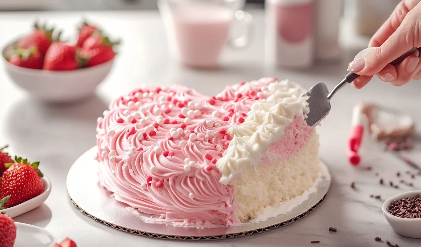 A heart-shaped cake with buttercream frosting and strawberries, perfect for Valentine's Day.