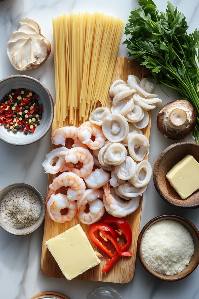 Ingredients of Garlic Shrimp Mushroom Pasta