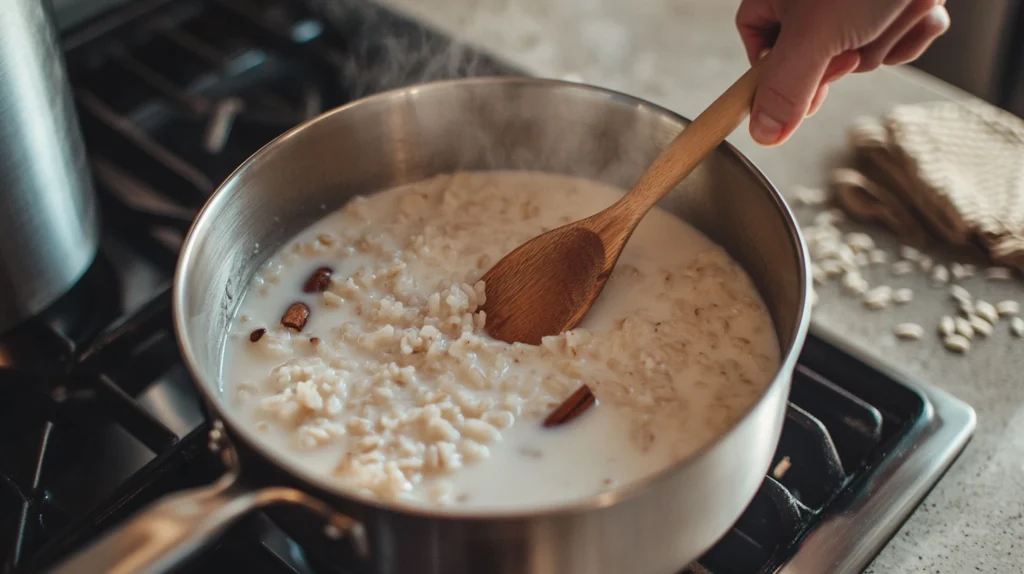 Simmering Arroz con Leche in a saucepan with cinnamon and milk, stirred with a wooden spoon.