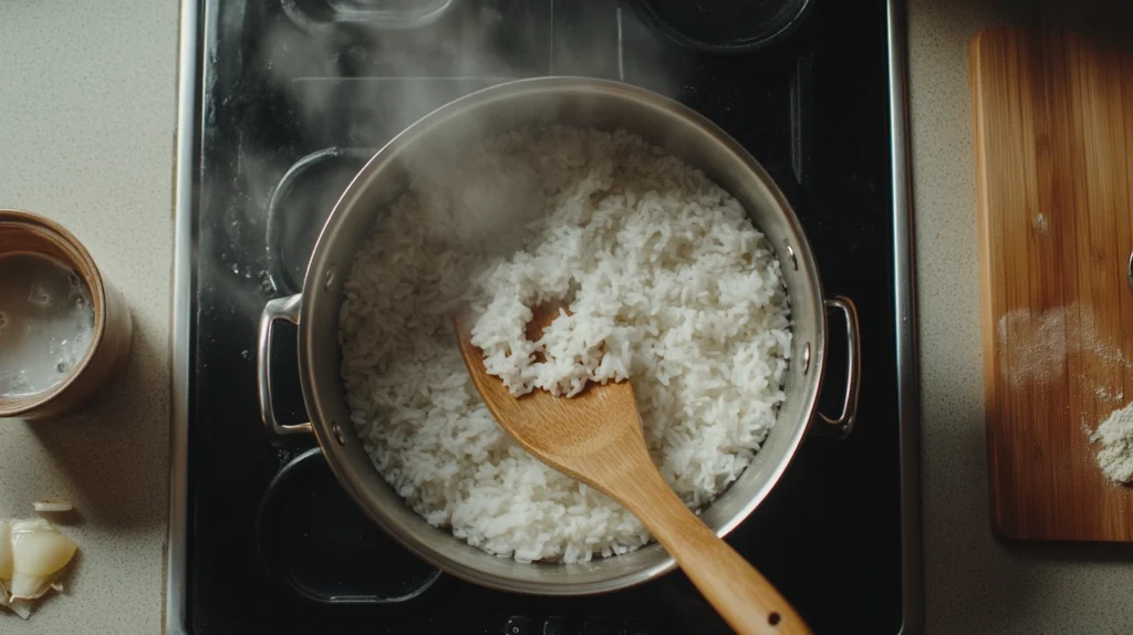 White rice simmering in water in a saucepan, with a wooden spoon stirring gently.