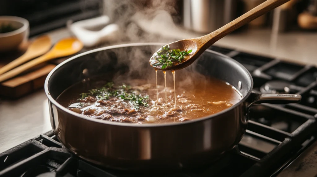 Simmering beef stock in a pot, gently steaming with floating herbs, preparing for golden demi-glace RECIPE reduction.