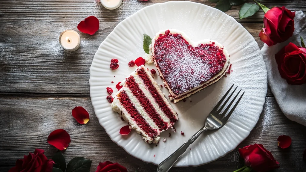 A heart-shaped red velvet cake with slices cut and plated, ready to serve for a romantic dessert.