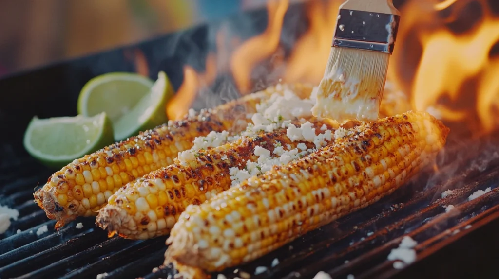 Roasted corn on the cob being brushed with butter and chili seasoning