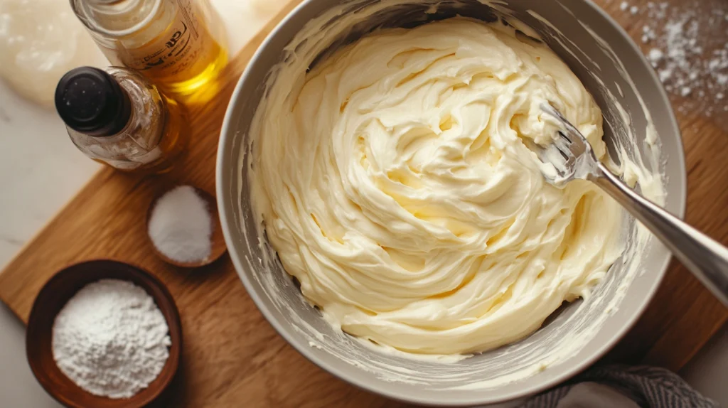 Smooth and creamy cheesecake filling being mixed in a bowl, ready for stuffing cookies.