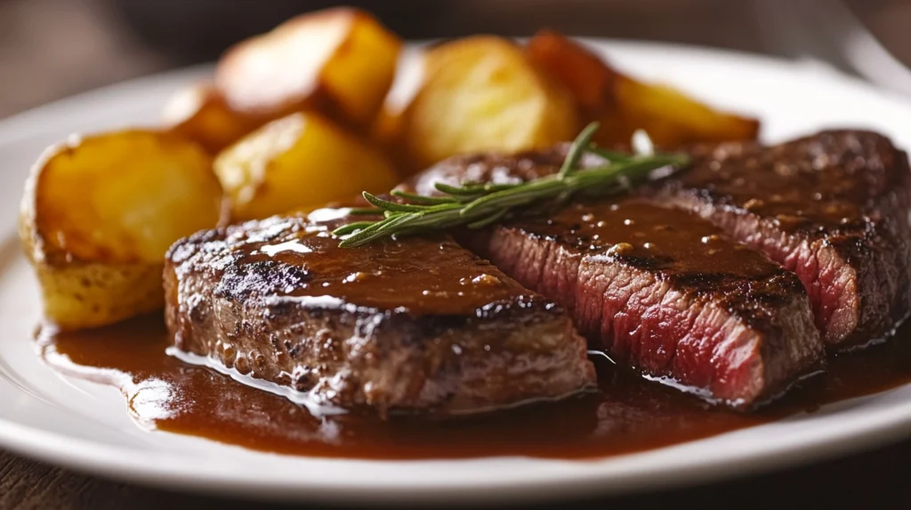 Seared steak with glossy golden demi-glace, served with roasted potatoes and fresh rosemary for a gourmet touch.