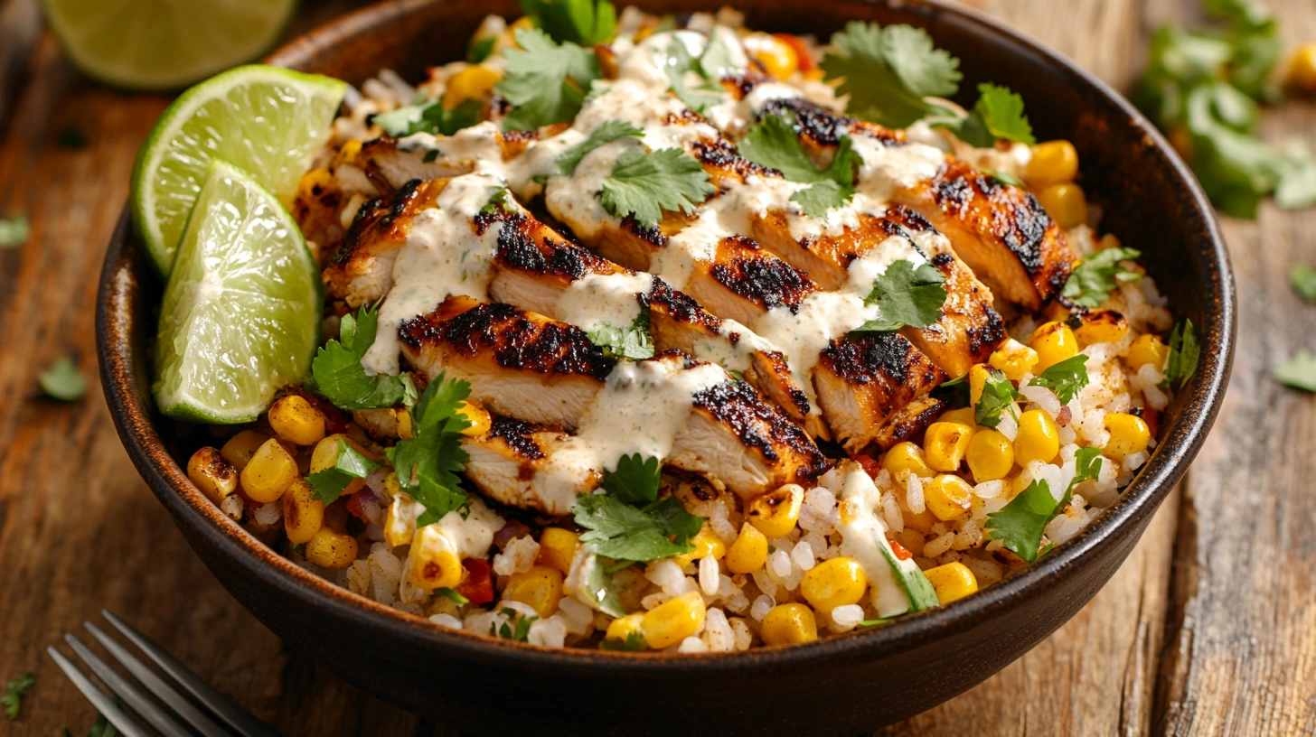 A vibrant Street Corn Chicken Rice Bowl with grilled chicken, creamy corn, and fresh garnishes